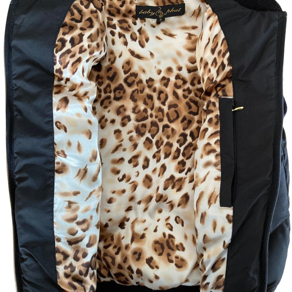 Baby Phat Y2K Puffer Vest, Small, Black, Gold Embroidered, Cheetah Lining - Picture 4 of 6